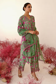 WOMEN'S GREEN AND MAGENTA CREPE & ORGANZA MOHAK A-LINE KURTA SET