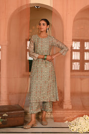 WOMEN'S GREEN CHANDERI NEEL KAMAL KURTA SET