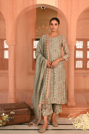 WOMEN'S GREEN CHANDERI NEEL KAMAL KURTA SET