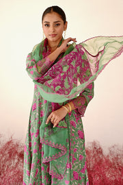 WOMEN'S GREEN AND MAGENTA CREPE & ORGANZA MOHAK A-LINE KURTA SET