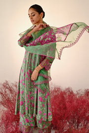 WOMEN'S GREEN AND MAGENTA CREPE & ORGANZA MOHAK A-LINE KURTA SET