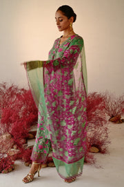 WOMEN'S GREEN AND MAGENTA CREPE & ORGANZA MOHAK A-LINE KURTA SET