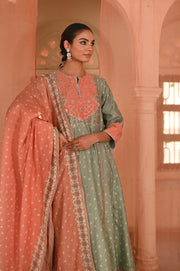 WOMEN'S GREEN CHANDERI SANGANERI KURTA SET