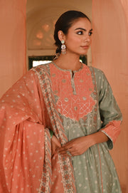 WOMEN'S GREEN CHANDERI SANGANERI KURTA SET