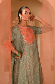 WOMEN'S GREEN CHANDERI SANGANERI KURTA SET