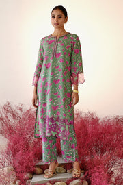 WOMEN'S GREEN AND MAGENTA CREPE & ORGANZA SHABANA STRAIGHT KURT SET
