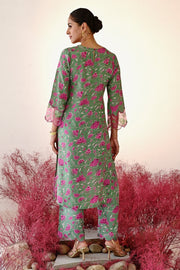 WOMEN'S GREEN AND MAGENTA CREPE & ORGANZA SHABANA STRAIGHT KURT SET