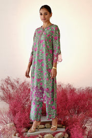 WOMEN'S GREEN AND MAGENTA CREPE & ORGANZA SHABANA STRAIGHT KURT SET