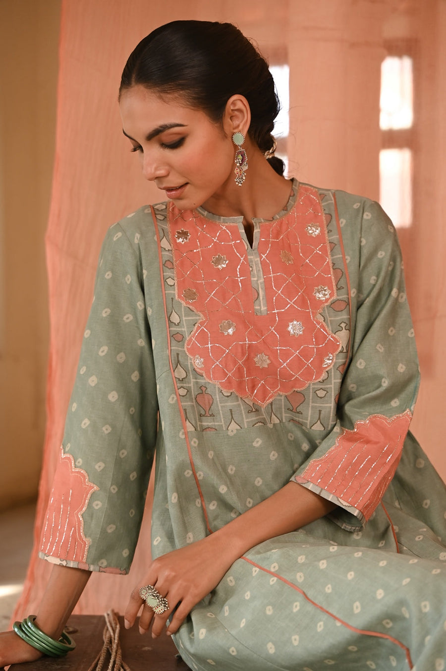 WOMEN'S GREEN CHANDERI SANGANERI KURTA SET