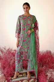 WOMEN'S GREEN AND MAGENTA CREPE & ORGANZA SHABANA STRAIGHT KURT SET