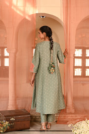 WOMEN'S GREEN CHANDERI SANGANERI KURTA SET