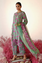 WOMEN'S GREEN AND MAGENTA CREPE & ORGANZA SHABANA STRAIGHT KURT SET