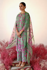 WOMEN'S GREEN AND MAGENTA CREPE & ORGANZA SHABANA STRAIGHT KURT SET