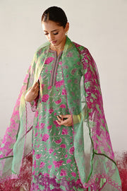 WOMEN'S GREEN AND MAGENTA CREPE & ORGANZA SHABANA STRAIGHT KURT SET