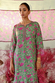 WOMEN'S GREEN AND MAGENTA CREPE & ORGANZA SHABANA STRAIGHT KURT SET