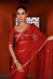 WOMEN'S DARK RED ORGANZA  GULABI SURKH SAREE SET