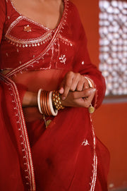 WOMEN'S DARK RED ORGANZA  GULABI SURKH SAREE SET