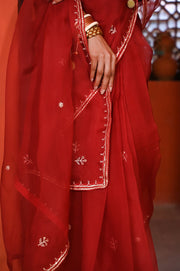 WOMEN'S DARK RED ORGANZA  GULABI SURKH SAREE SET