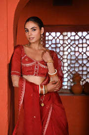 WOMEN'S DARK RED ORGANZA  GULABI SURKH SAREE SET