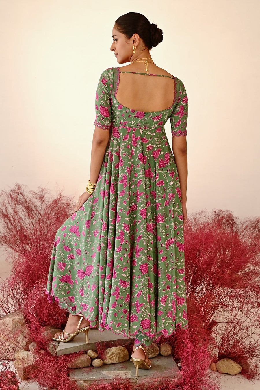 WOMEN'S GREEN MAGENTA CREPE & ORGANZA HAANA ANARKALI SET
