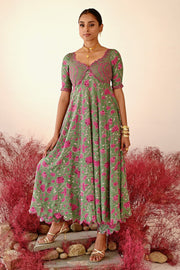 WOMEN'S GREEN MAGENTA CREPE & ORGANZA HAANA ANARKALI SET