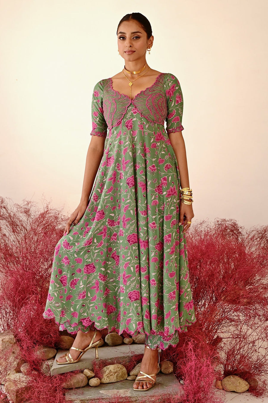 WOMEN'S GREEN MAGENTA CREPE & ORGANZA HAANA ANARKALI SET