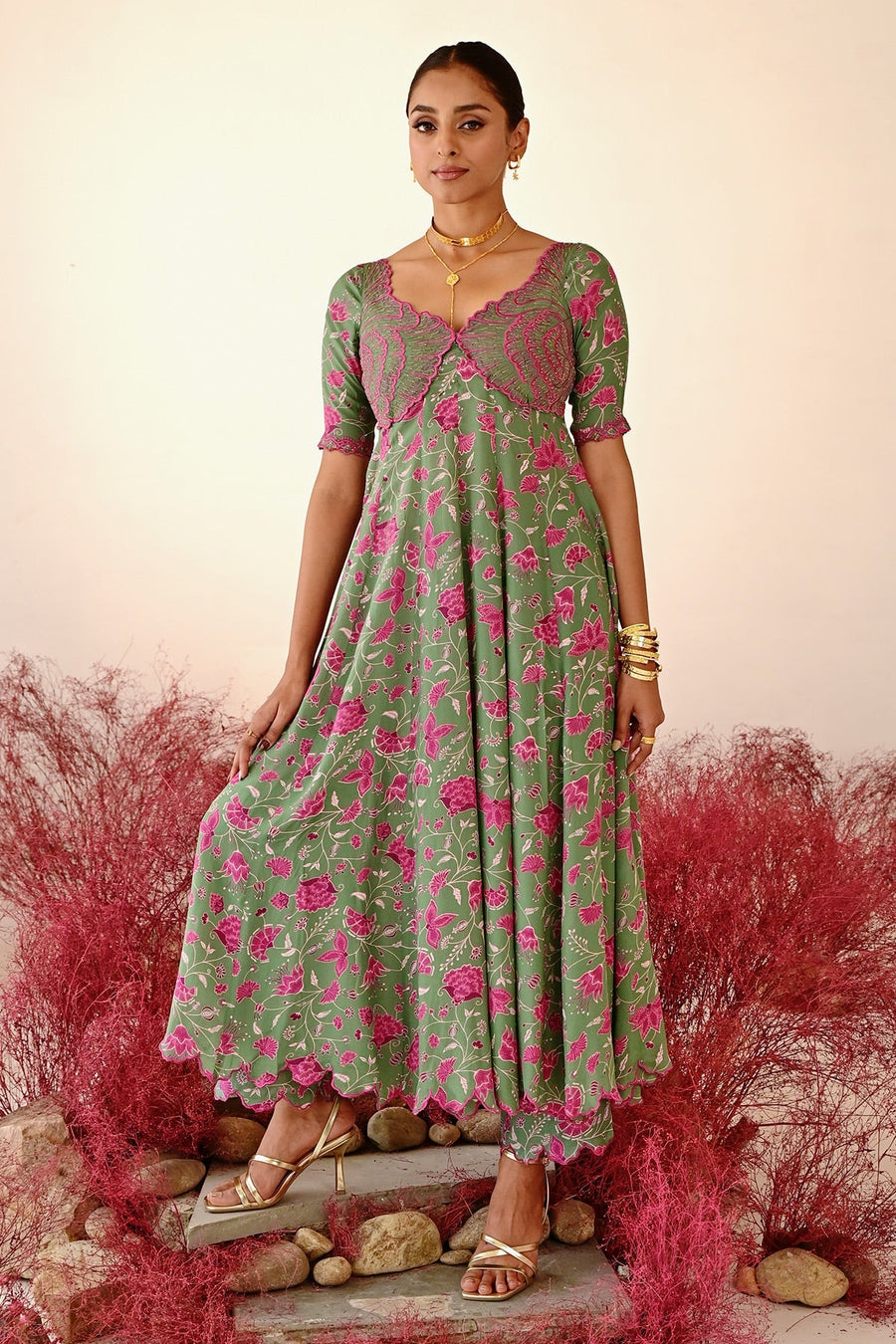 WOMEN'S GREEN CREPE HAANA ANARKALI KURTA