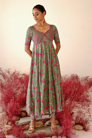 WOMEN'S GREEN MAGENTA CREPE & ORGANZA HAANA ANARKALI SET