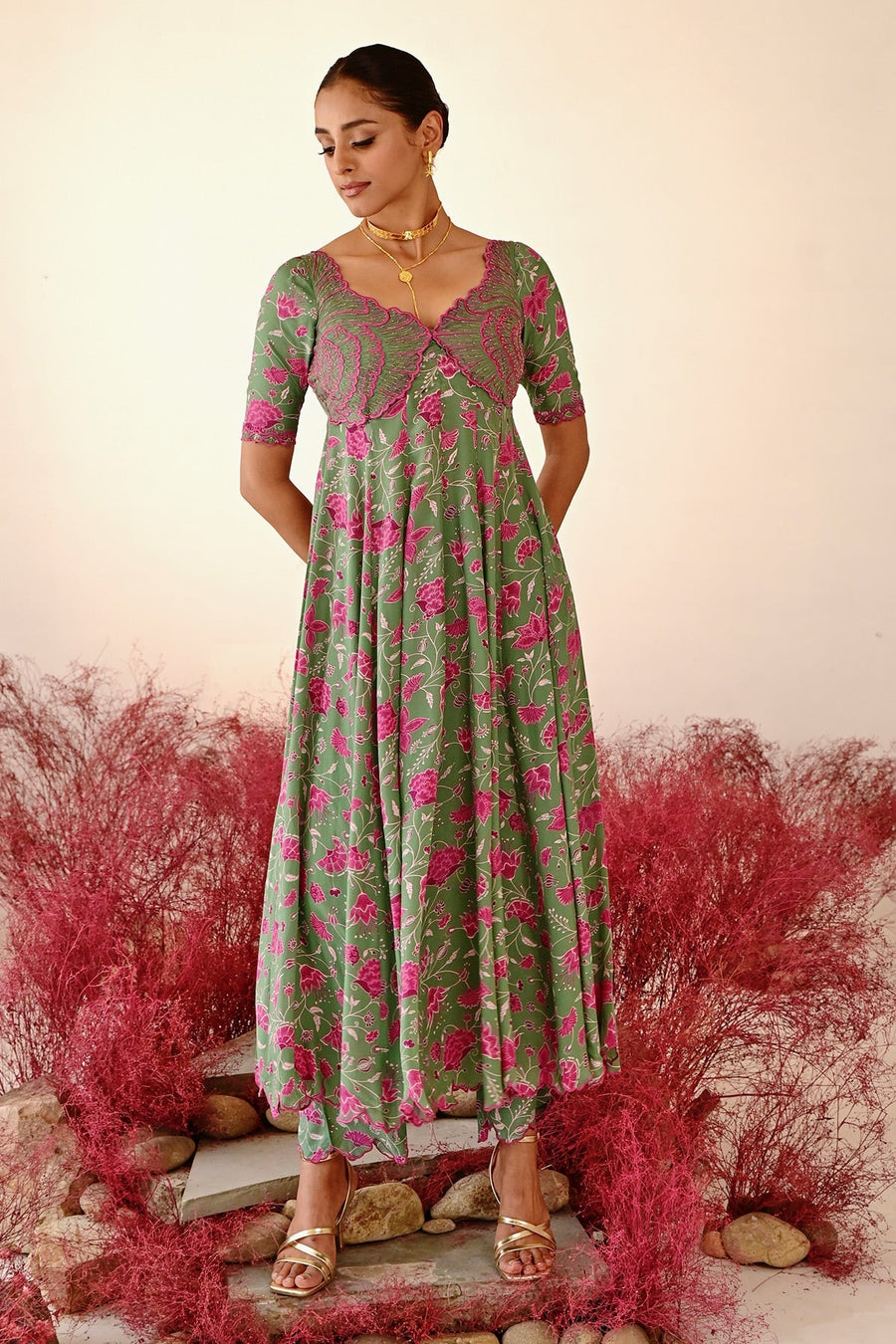 WOMEN'S GREEN MAGENTA CREPE & ORGANZA HAANA ANARKALI SET