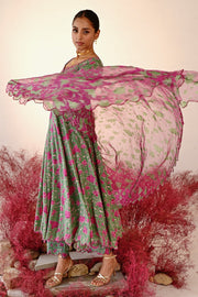WOMEN'S GREEN MAGENTA CREPE & ORGANZA HAANA ANARKALI SET
