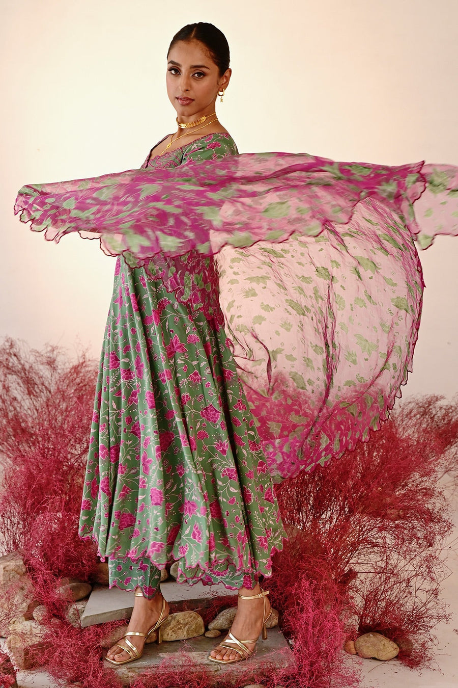 WOMEN'S GREEN MAGENTA CREPE & ORGANZA HAANA ANARKALI SET