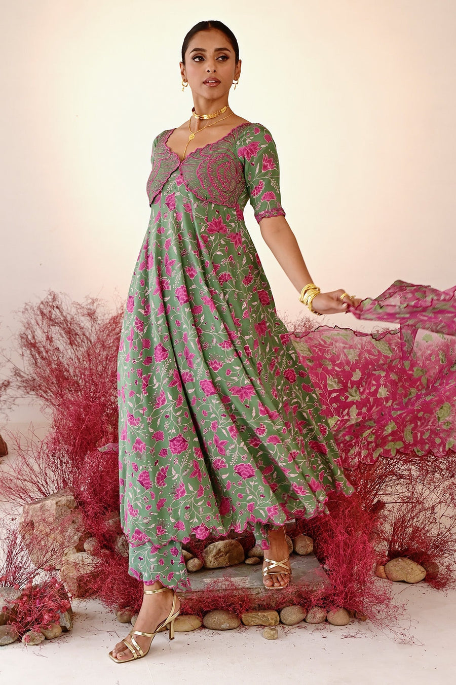 WOMEN'S GREEN CREPE HAANA ANARKALI KURTA
