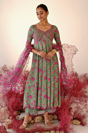 WOMEN'S GREEN MAGENTA CREPE & ORGANZA HAANA ANARKALI SET