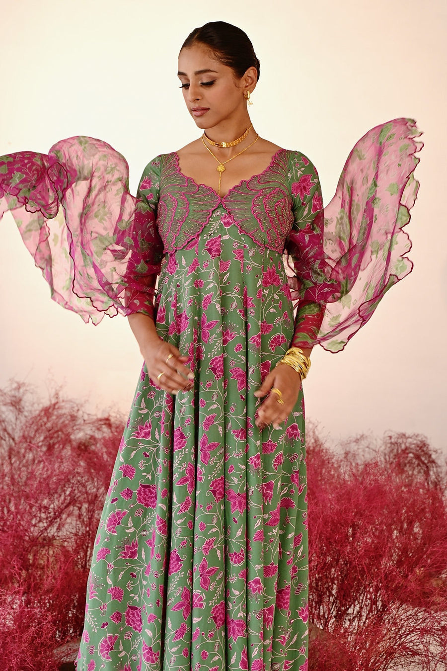 WOMEN'S GREEN MAGENTA CREPE & ORGANZA HAANA ANARKALI SET