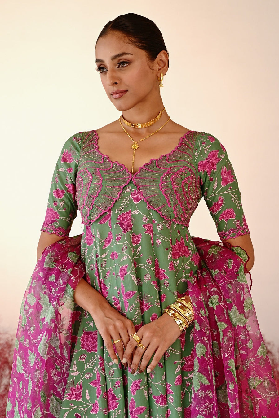 WOMEN'S GREEN MAGENTA CREPE & ORGANZA HAANA ANARKALI SET