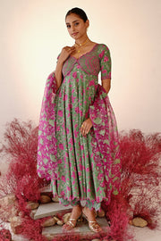 WOMEN'S GREEN MAGENTA CREPE & ORGANZA HAANA ANARKALI SET