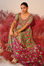 WOMEN'S GREEN MAGENTA CREPE & ORGANZA HAANA ANARKALI SET