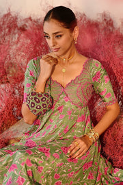 WOMEN'S GREEN MAGENTA CREPE & ORGANZA HAANA ANARKALI SET
