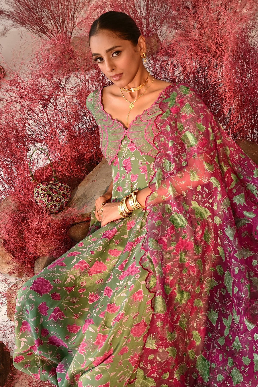 WOMEN'S GREEN MAGENTA CREPE & ORGANZA HAANA ANARKALI SET