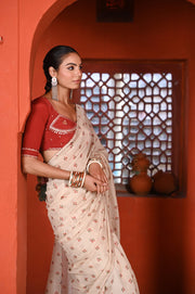 WOMEN'S BEIGE & RED CHANDERI BAGH BOOTA SAREE SET