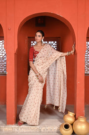WOMEN'S BEIGE & RED CHANDERI BAGH BOOTA SAREE SET
