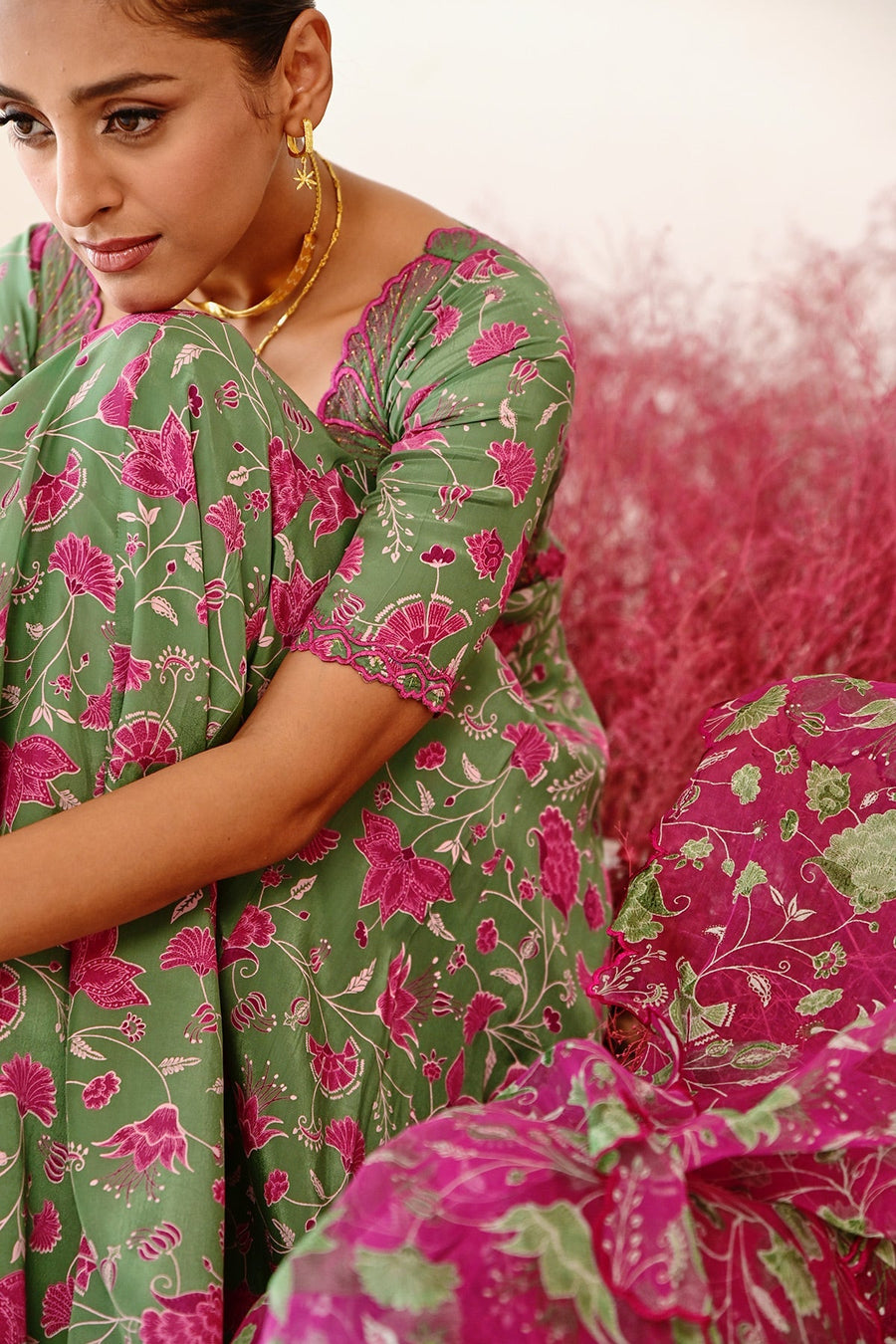 WOMEN'S GREEN MAGENTA CREPE & ORGANZA HAANA ANARKALI SET