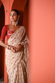 WOMEN'S BEIGE & RED CHANDERI BAGH BOOTA SAREE SET