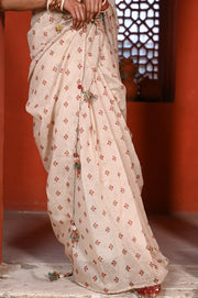 WOMEN'S BEIGE & RED CHANDERI BAGH BOOTA SAREE SET