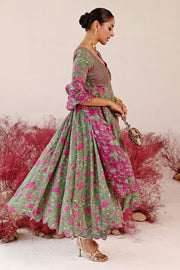WOMEN'S GREEN MAGENTA CREPE & ORGANZA HAANA ANARKALI SET