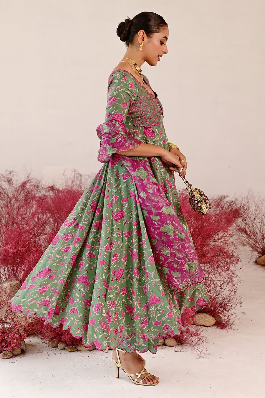 WOMEN'S GREEN MAGENTA CREPE & ORGANZA HAANA ANARKALI SET