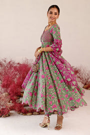WOMEN'S GREEN MAGENTA CREPE & ORGANZA HAANA ANARKALI SET