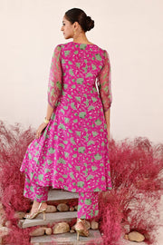 WOMEN'S GREEN AND MAGENTA CREPE & ORGANZA LEELA A-LINE KURTA SET