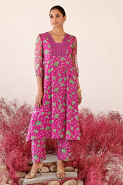 WOMEN'S GREEN AND MAGENTA CREPE & ORGANZA LEELA A-LINE KURTA SET