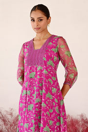 WOMEN'S GREEN AND MAGENTA CREPE & ORGANZA LEELA A-LINE KURTA SET